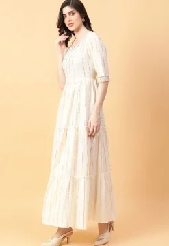 Foil Printed Cotton Maxi Dress in Cream