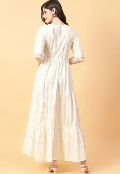 Foil Printed Cotton Maxi Dress in Cream
