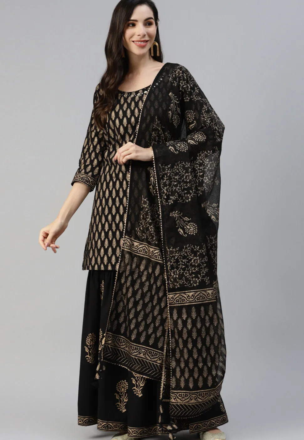 Foil Printed Cotton Pakistani Suit in Black