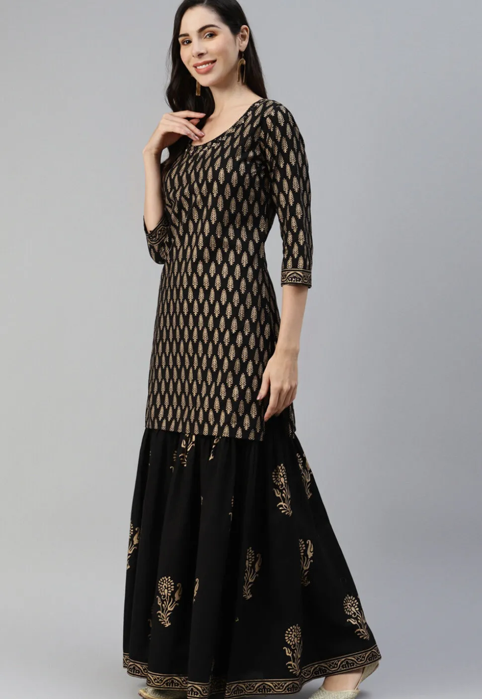 Foil Printed Cotton Pakistani Suit in Black