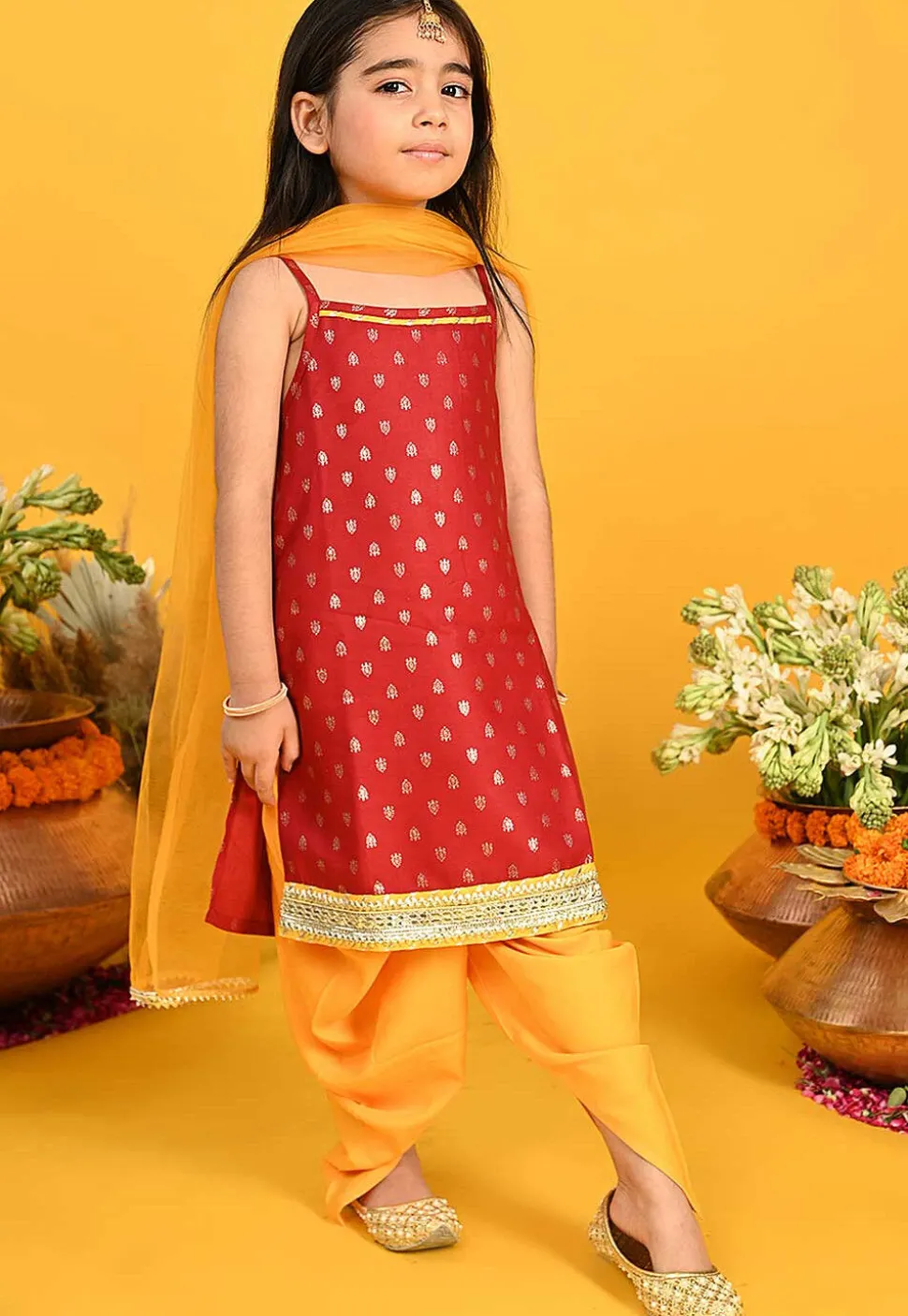 Foil Printed Cotton Punjabi Suit in Maroon
