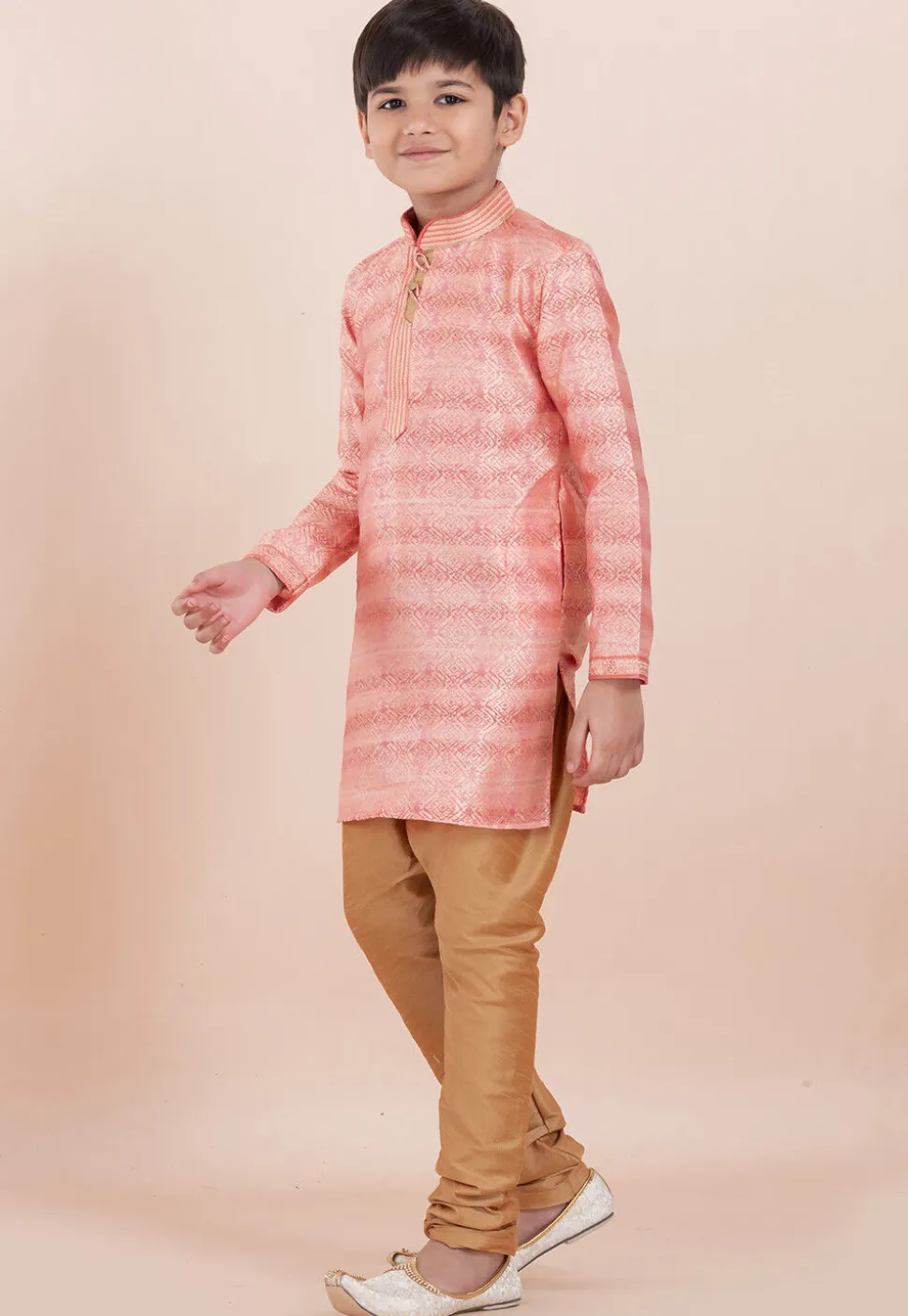 Foil Printed Cotton Silk Kurta Set in Shaded Pink