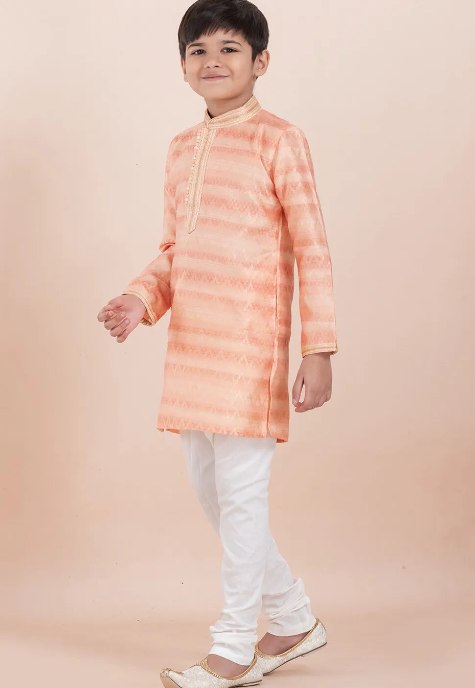 Foil Printed Cotton Silk Kurta Set in Shaded Peach