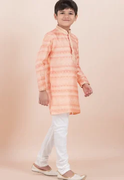 Foil Printed Cotton Silk Kurta Set in Shaded Peach