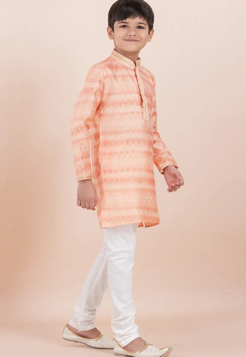 Foil Printed Cotton Silk Kurta Set in Shaded Peach