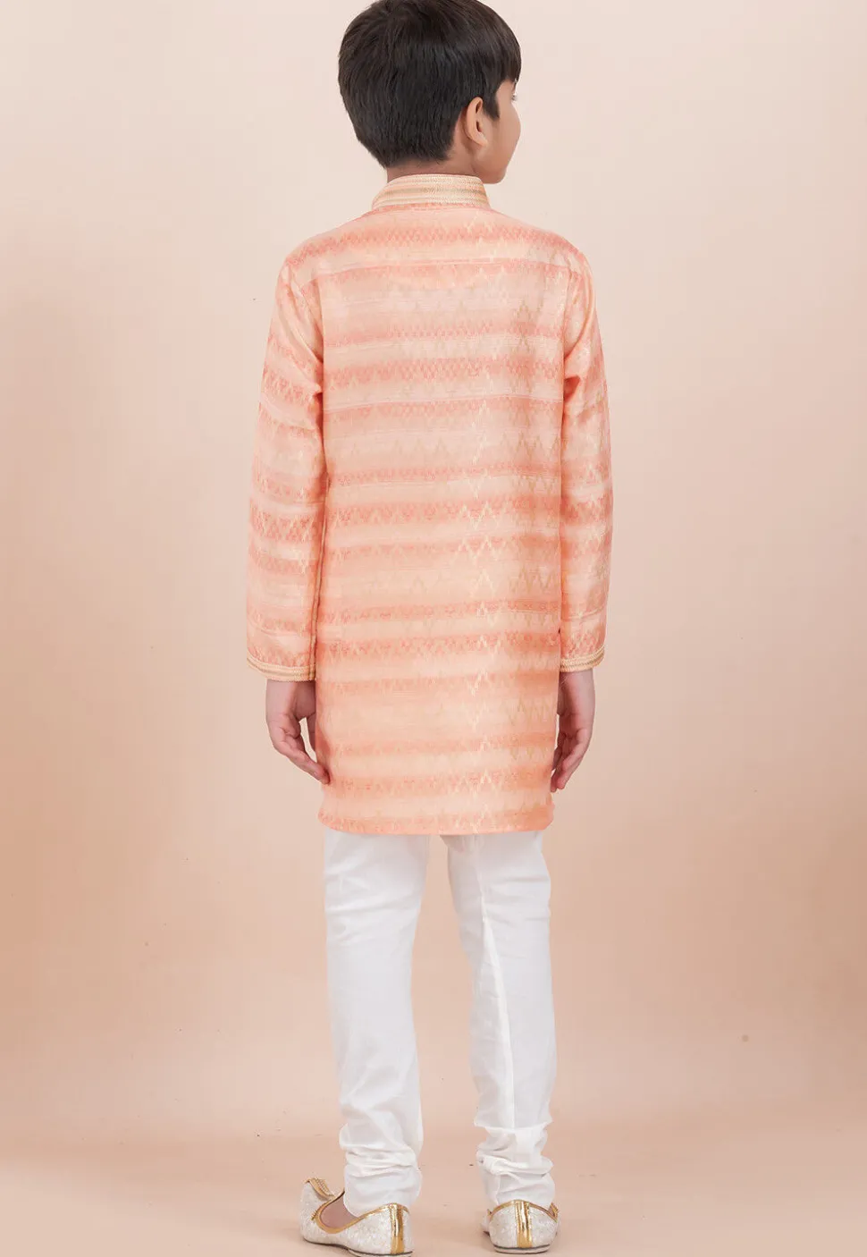 Foil Printed Cotton Silk Kurta Set in Shaded Peach