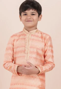 Foil Printed Cotton Silk Kurta Set in Shaded Peach