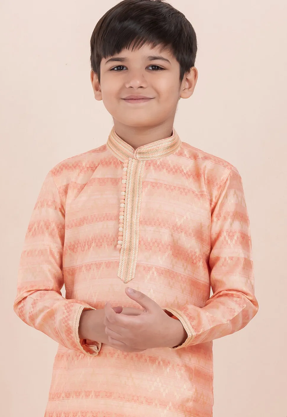 Foil Printed Cotton Silk Kurta Set in Shaded Peach