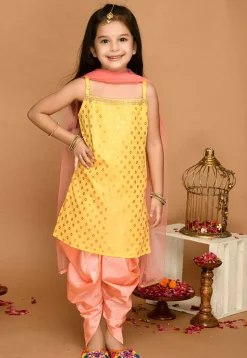 Foil Printed Cotton Silk Punjabi Suit in Yellow