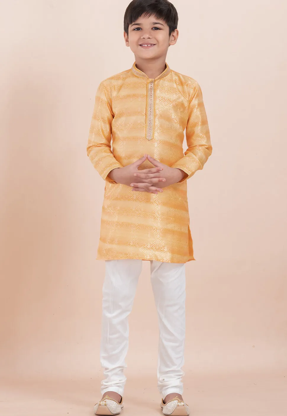 Foil Printed Cotton Silk Kurta Set in Shaded Yellow