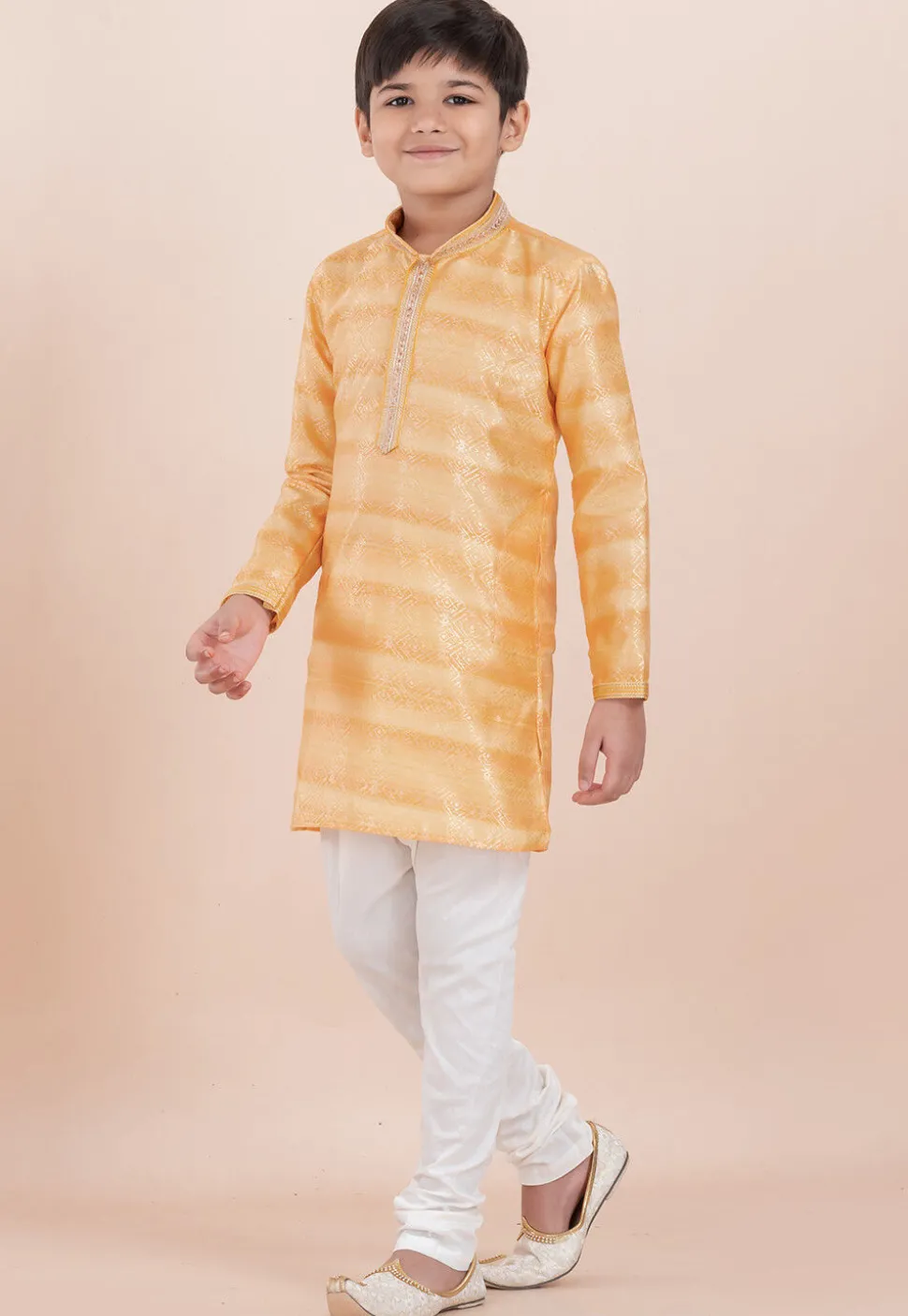 Foil Printed Cotton Silk Kurta Set in Shaded Yellow