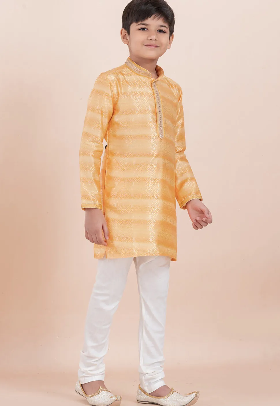 Foil Printed Cotton Silk Kurta Set in Shaded Yellow