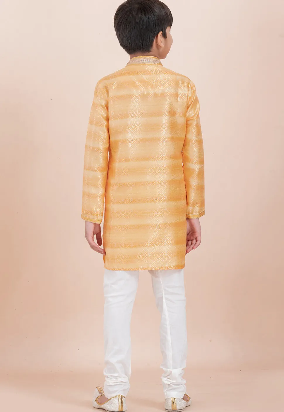 Foil Printed Cotton Silk Kurta Set in Shaded Yellow