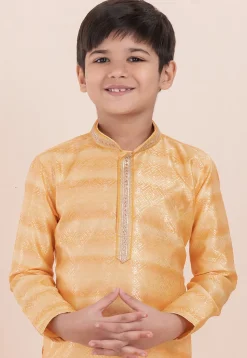 Foil Printed Cotton Silk Kurta Set in Shaded Yellow