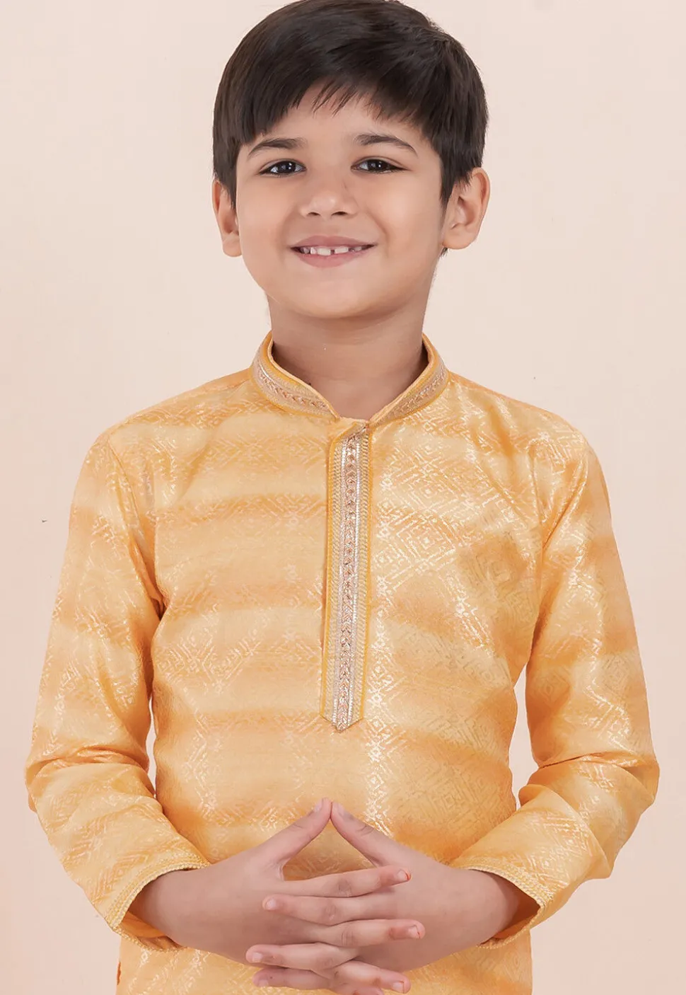 Foil Printed Cotton Silk Kurta Set in Shaded Yellow