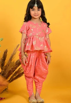 Foil Printed Cotton Silk Peplum Style Top Set in Peach