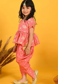 Foil Printed Cotton Silk Peplum Style Top Set in Peach