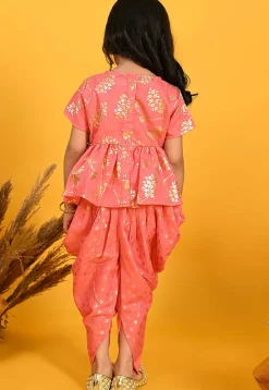 Foil Printed Cotton Silk Peplum Style Top Set in Peach