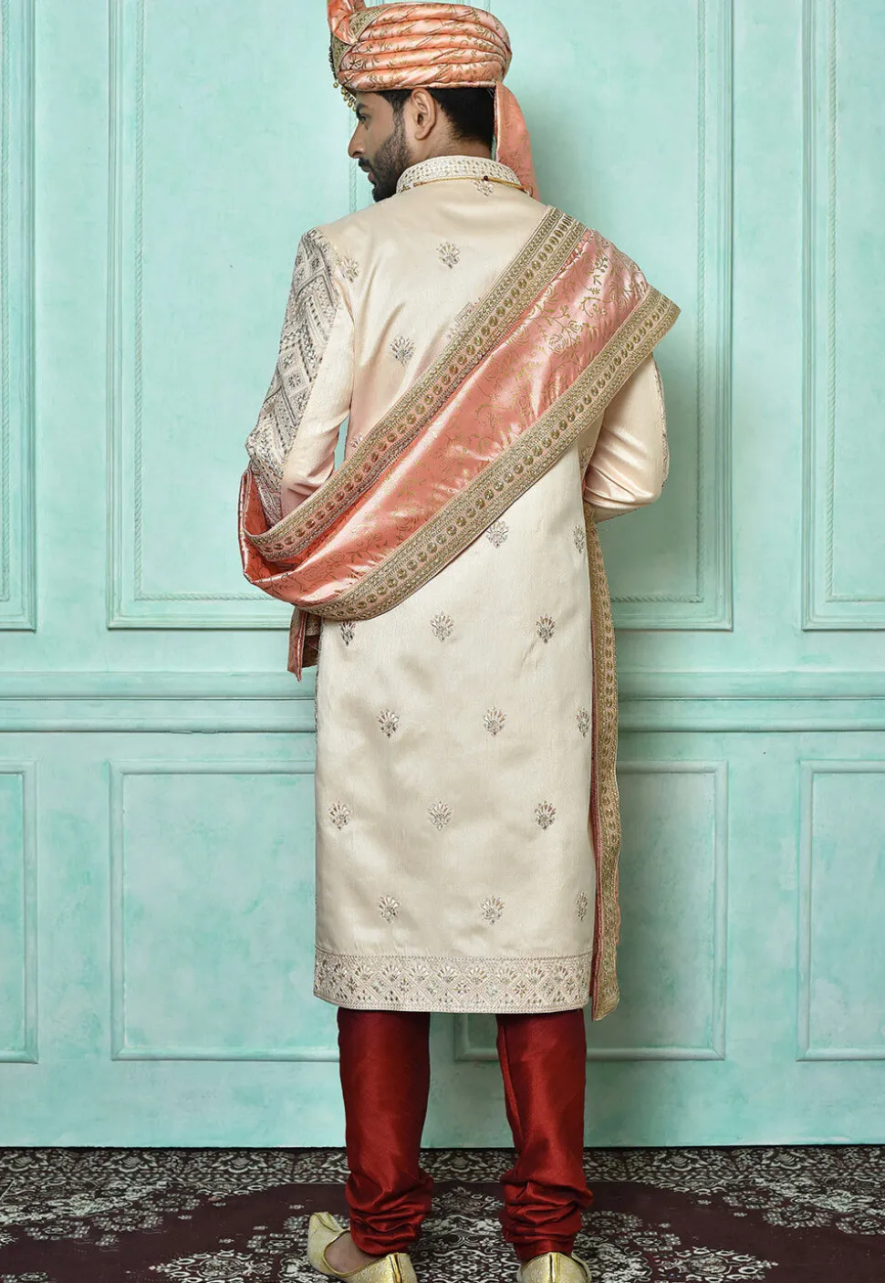 Foil Printed Cotton Silk Dupatta in Peach