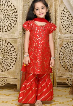 Foil Printed Cotton Silk Pakistani Suit in Red