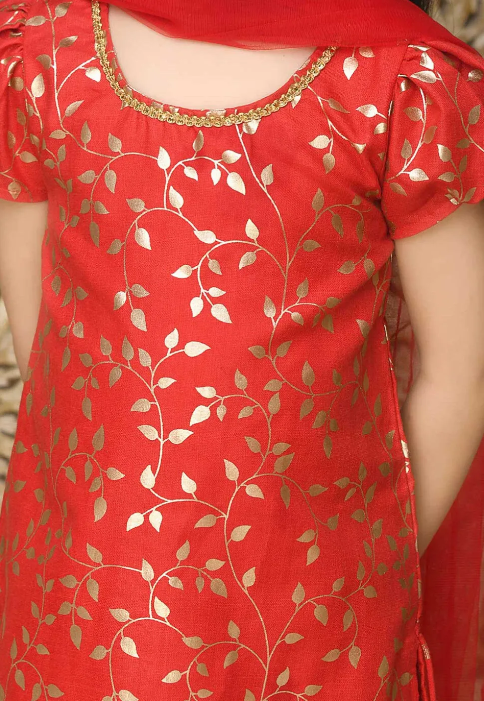 Foil Printed Cotton Silk Pakistani Suit in Red