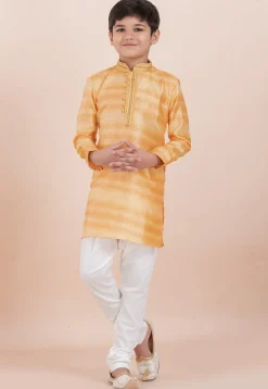 Foil Printed Cotton Silk Kurta Set in Shaded Yellow