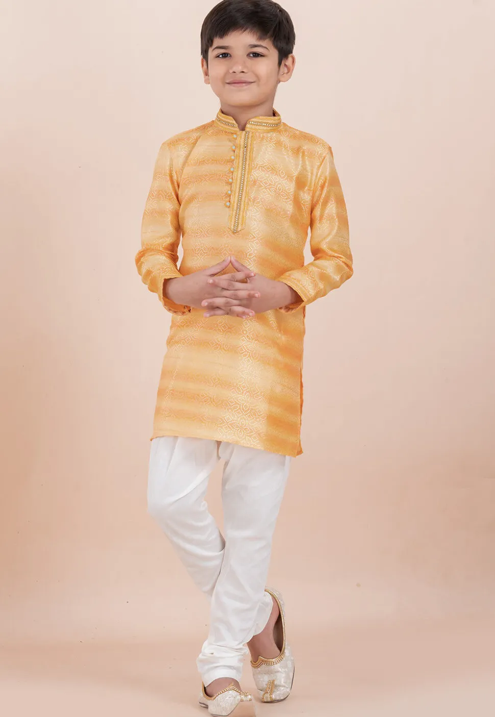 Foil Printed Cotton Silk Kurta Set in Shaded Yellow