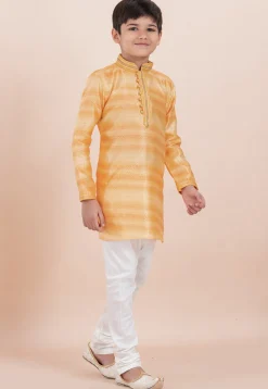 Foil Printed Cotton Silk Kurta Set in Shaded Yellow