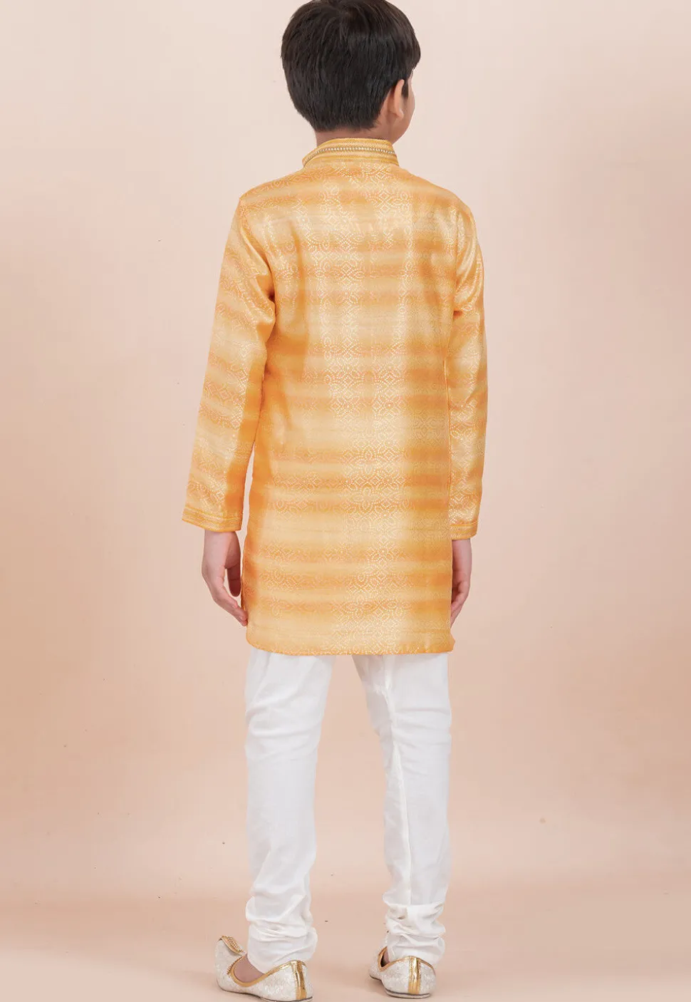Foil Printed Cotton Silk Kurta Set in Shaded Yellow