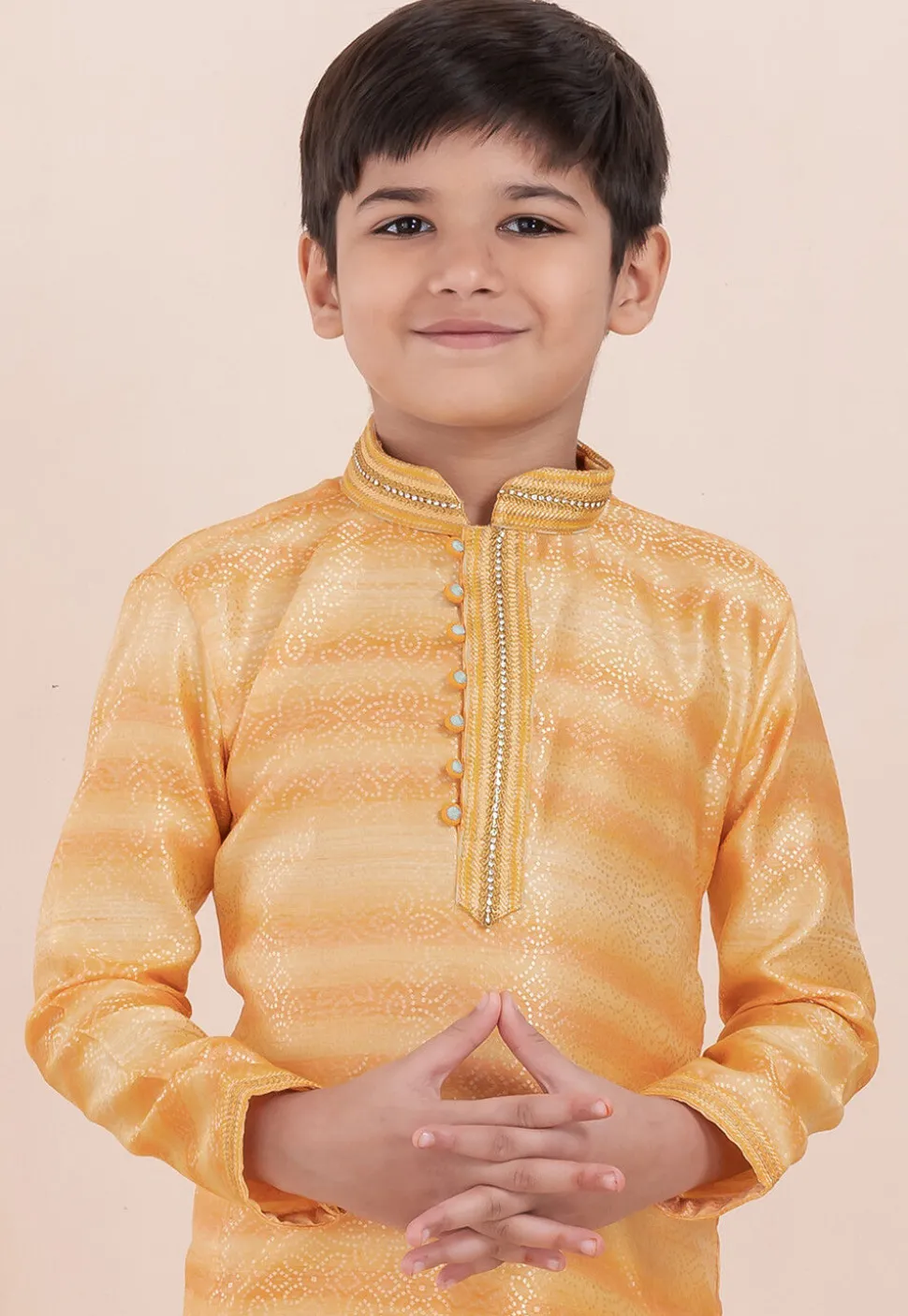 Foil Printed Cotton Silk Kurta Set in Shaded Yellow