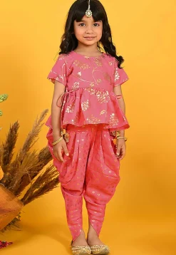 Foil Printed Cotton Silk Peplum Style Top Set in Peach