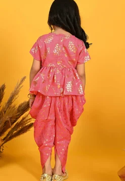 Foil Printed Cotton Silk Peplum Style Top Set in Peach