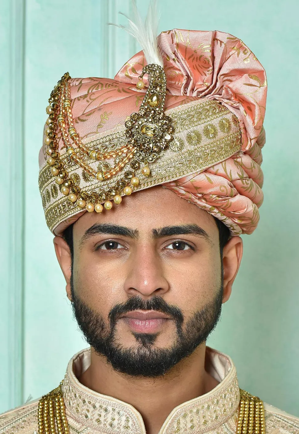 Foil Printed Cotton Silk Turban in Peach