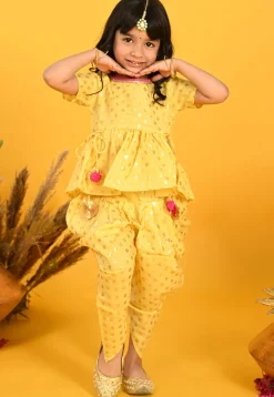 Foil Printed Cotton Tunic Set in Yellow
