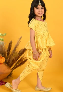 Foil Printed Cotton Tunic Set in Yellow