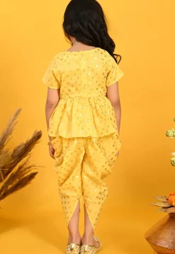 Foil Printed Cotton Tunic Set in Yellow