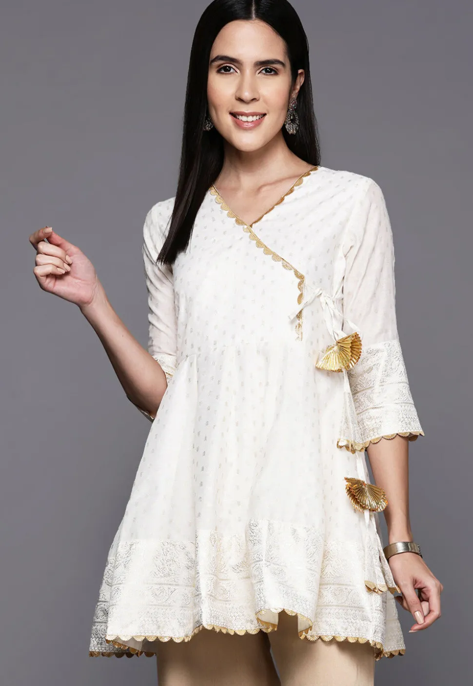 Foil Printed Crepe Aline Kurti in Off White