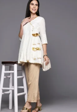 Foil Printed Crepe Aline Kurti in Off White