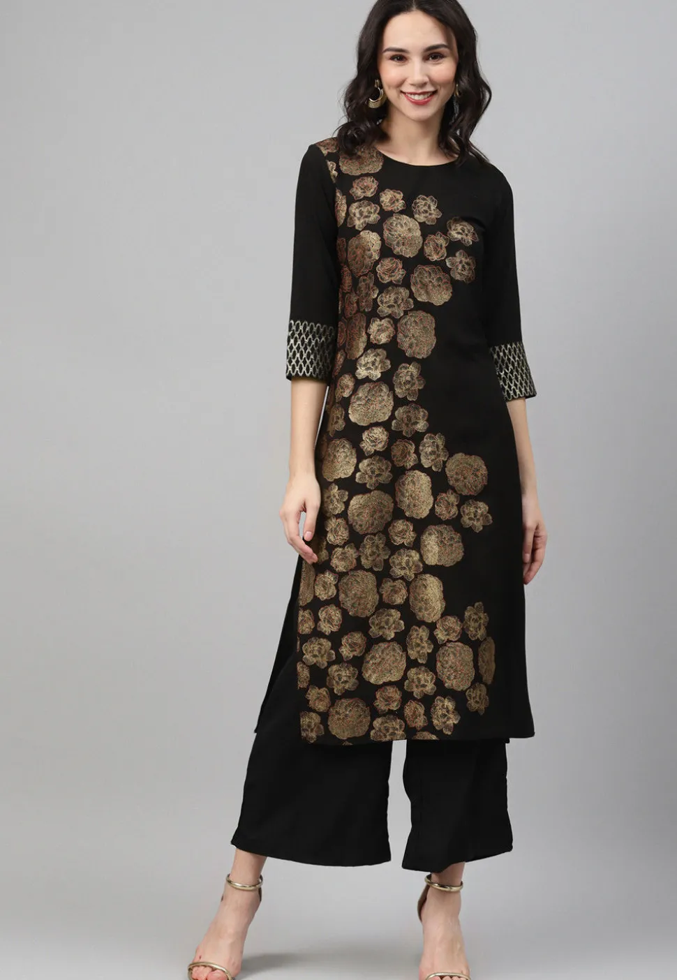 Foil Printed Crepe Straight Kurta in Black