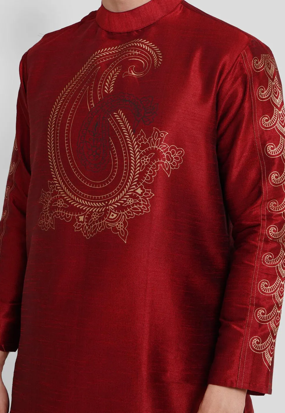 Foil Printed Dupion Silk Kurta Set in Maroon