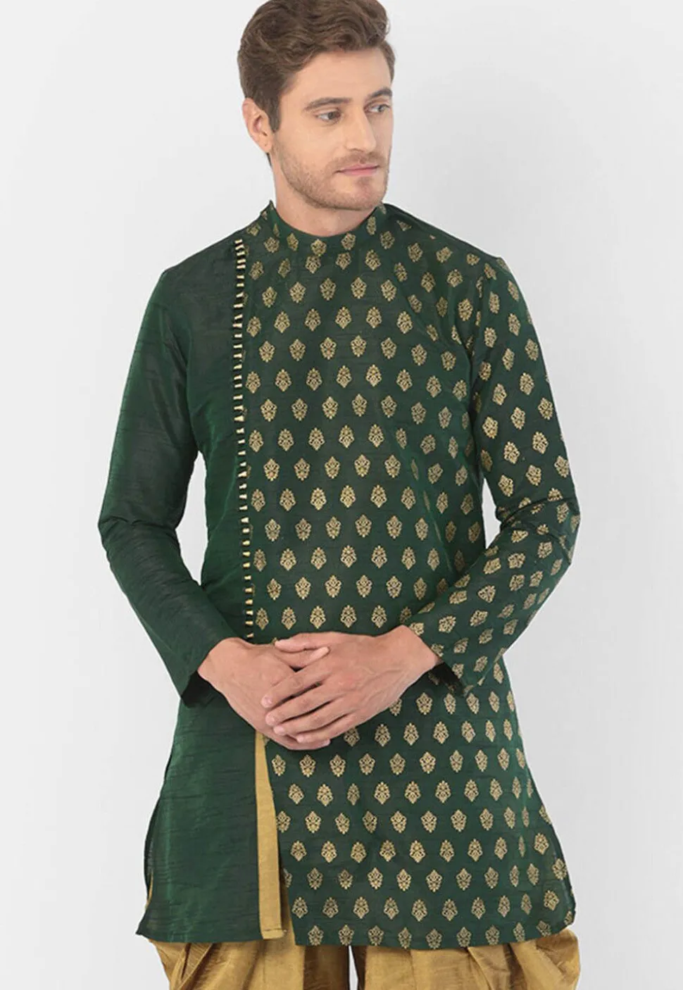 Foil Printed Dupion Silk Kurta Set in Dark Green