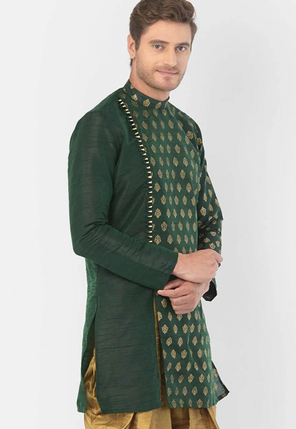 Foil Printed Dupion Silk Kurta Set in Dark Green