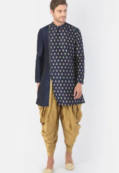 Foil Printed Dupion Silk Kurta Set in Navy Blue
