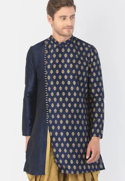 Foil Printed Dupion Silk Kurta Set in Navy Blue