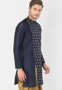 Foil Printed Dupion Silk Kurta Set in Navy Blue