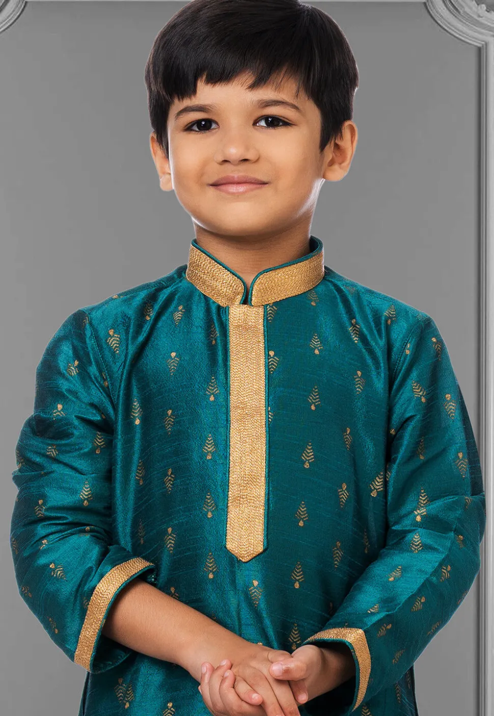 Foil Printed Dupion Silk Kurta Set in Dark Teal Blue
