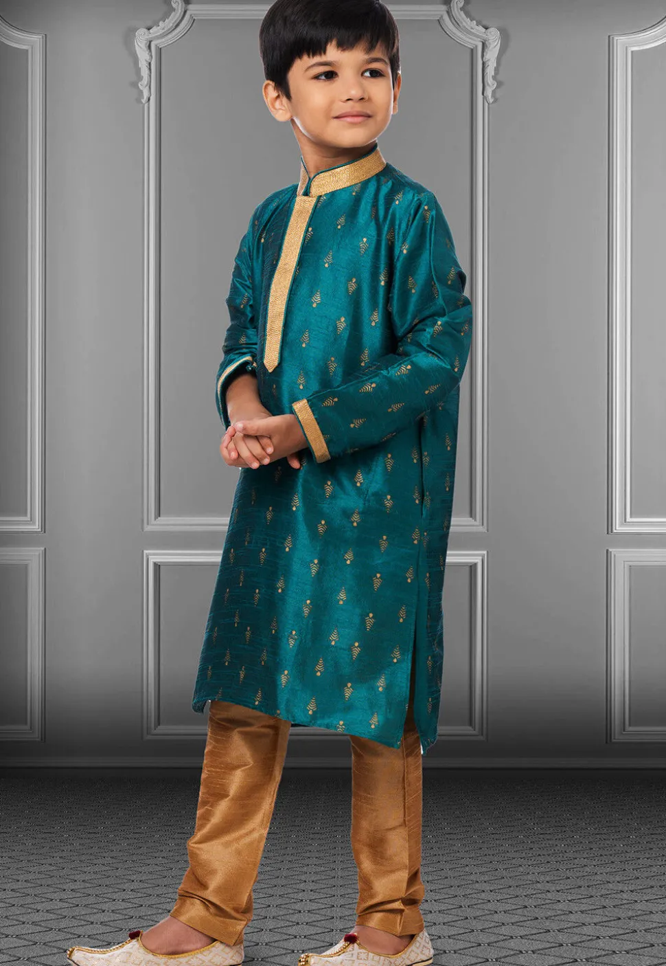 Foil Printed Dupion Silk Kurta Set in Dark Teal Blue