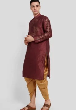 Foil Printed Dupion Silk Kurta Set in Maroon