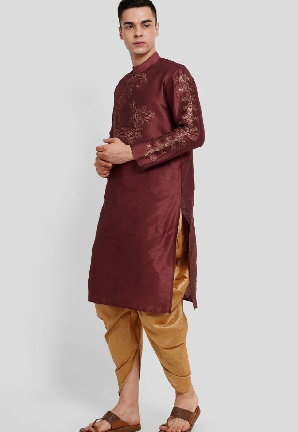 Foil Printed Dupion Silk Kurta Set in Maroon