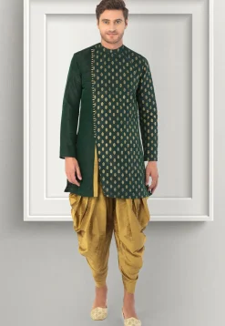Foil Printed Dupion Silk Kurta Set in Dark Green
